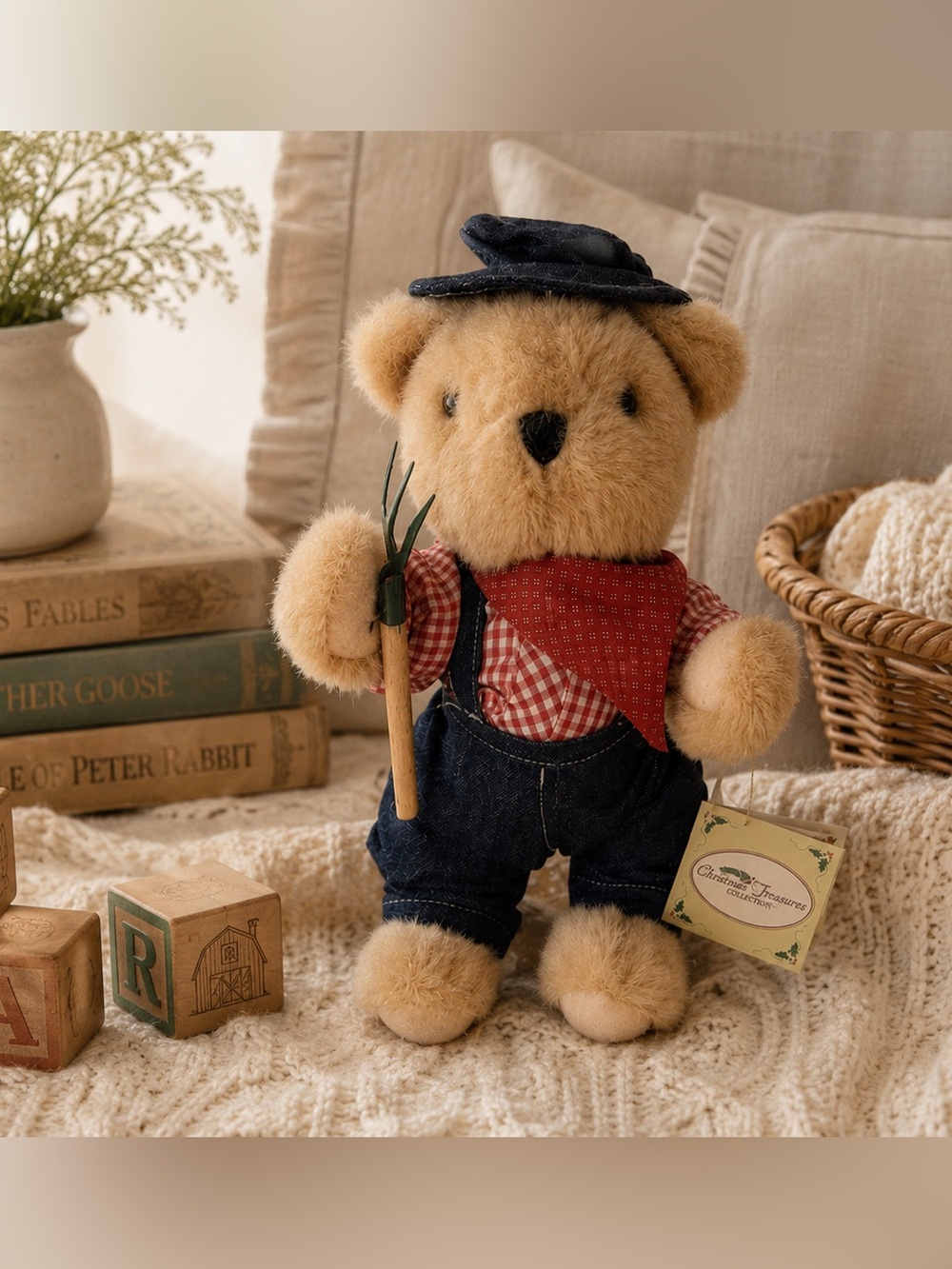 Rare Farmer Teddy Bear With Stand Christmas Treasures Collection 1995 Plush 14”